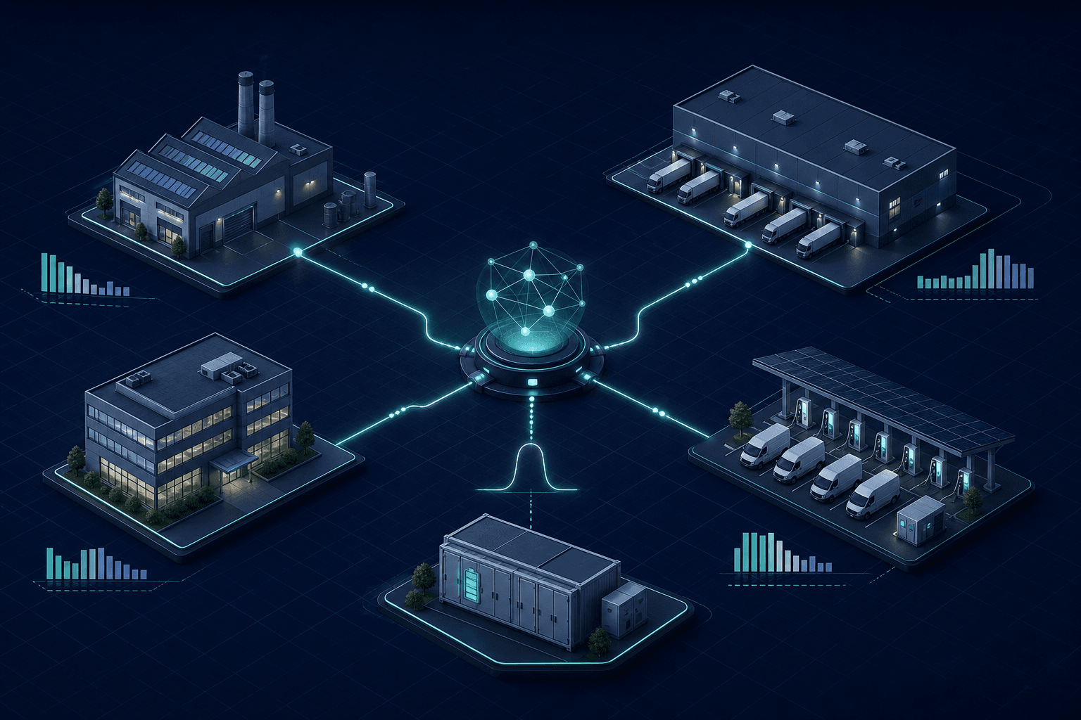Ilustración técnica de varios centros, una batería y cargadores conectados a un nodo que coordina su flexibilidad eléctrica